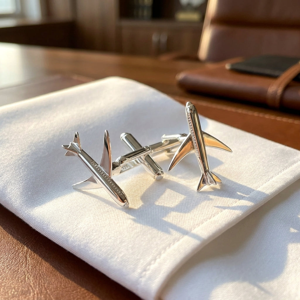 Boutons de manchette avion argent sur carnet en cuir avec montre