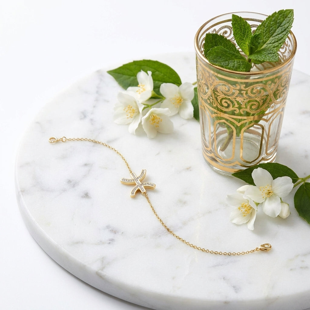 Bracelet signe berbère sur marbre avec fleurs de jasmin et verre à thé marocain
