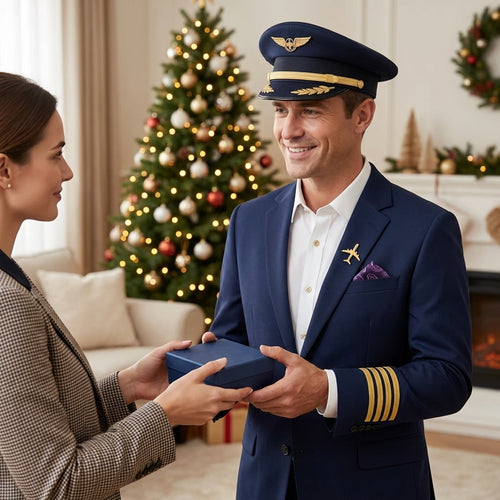 Gold airplane brooch worn on navy suit lapel at night