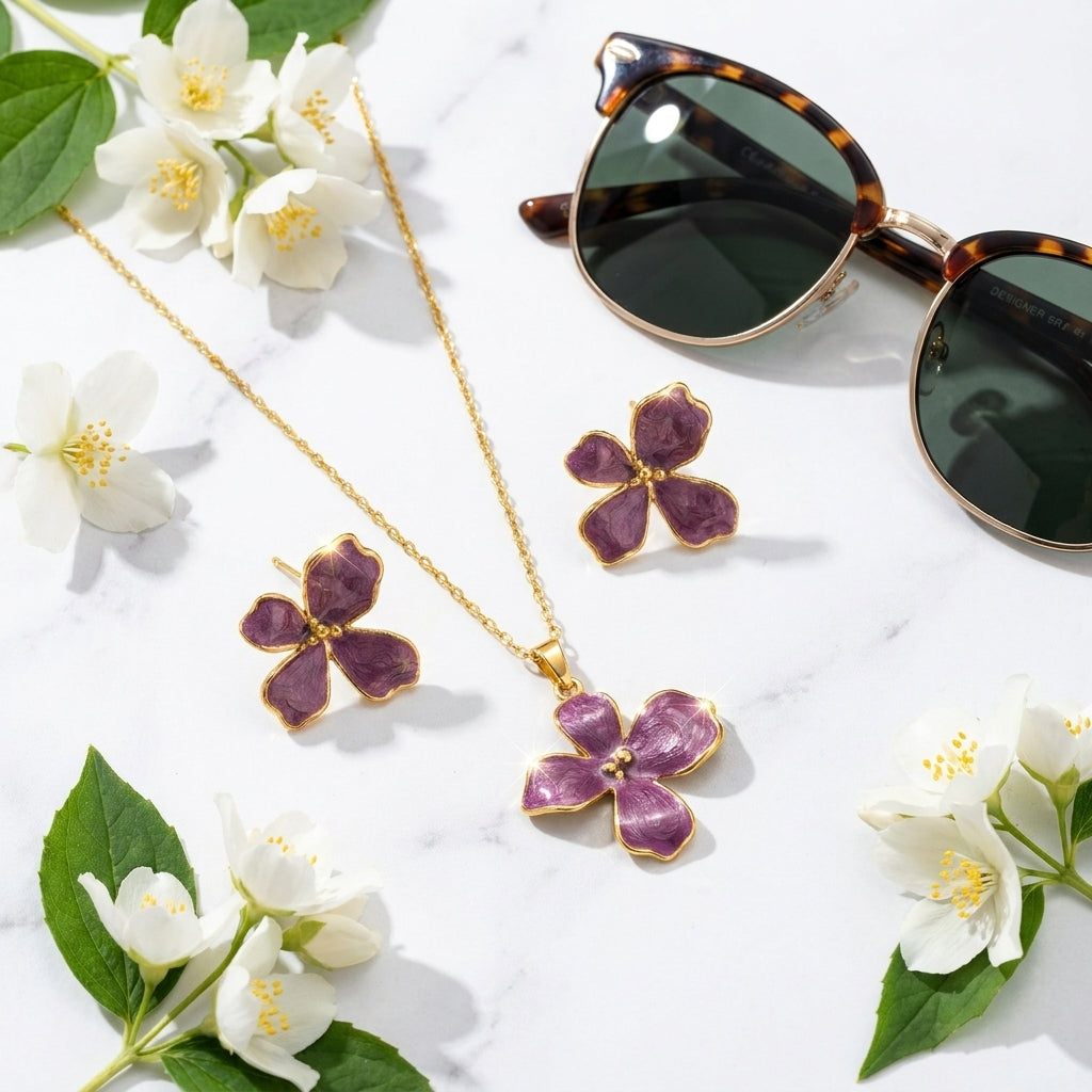Parure fleur or et email violet mauve sur marbre avec fleurs de jasmin et lunettes de soleil
