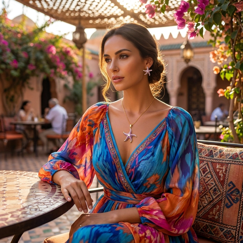 Femme portant la parure étoile de mer violet lilas dans un riad marocain fleuri